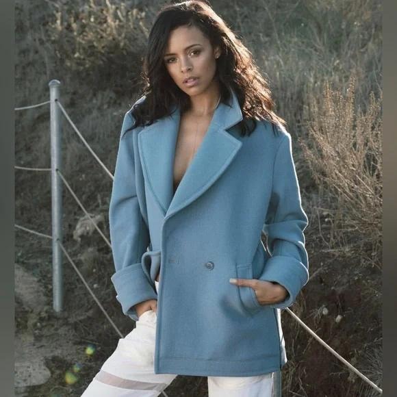 Reiss Lois Blue Wool Blend Double Breasted Pea Coat Jacket Womens Medium